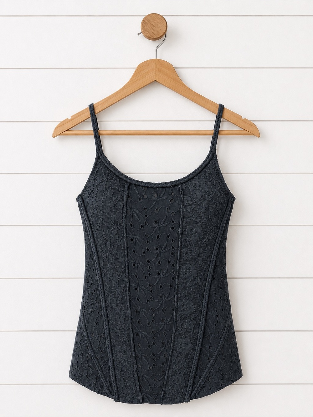 🖤Free People Cami Sleeveless Rib Knit Top Tee Blue-Gray Floral Eyelet Lace Size